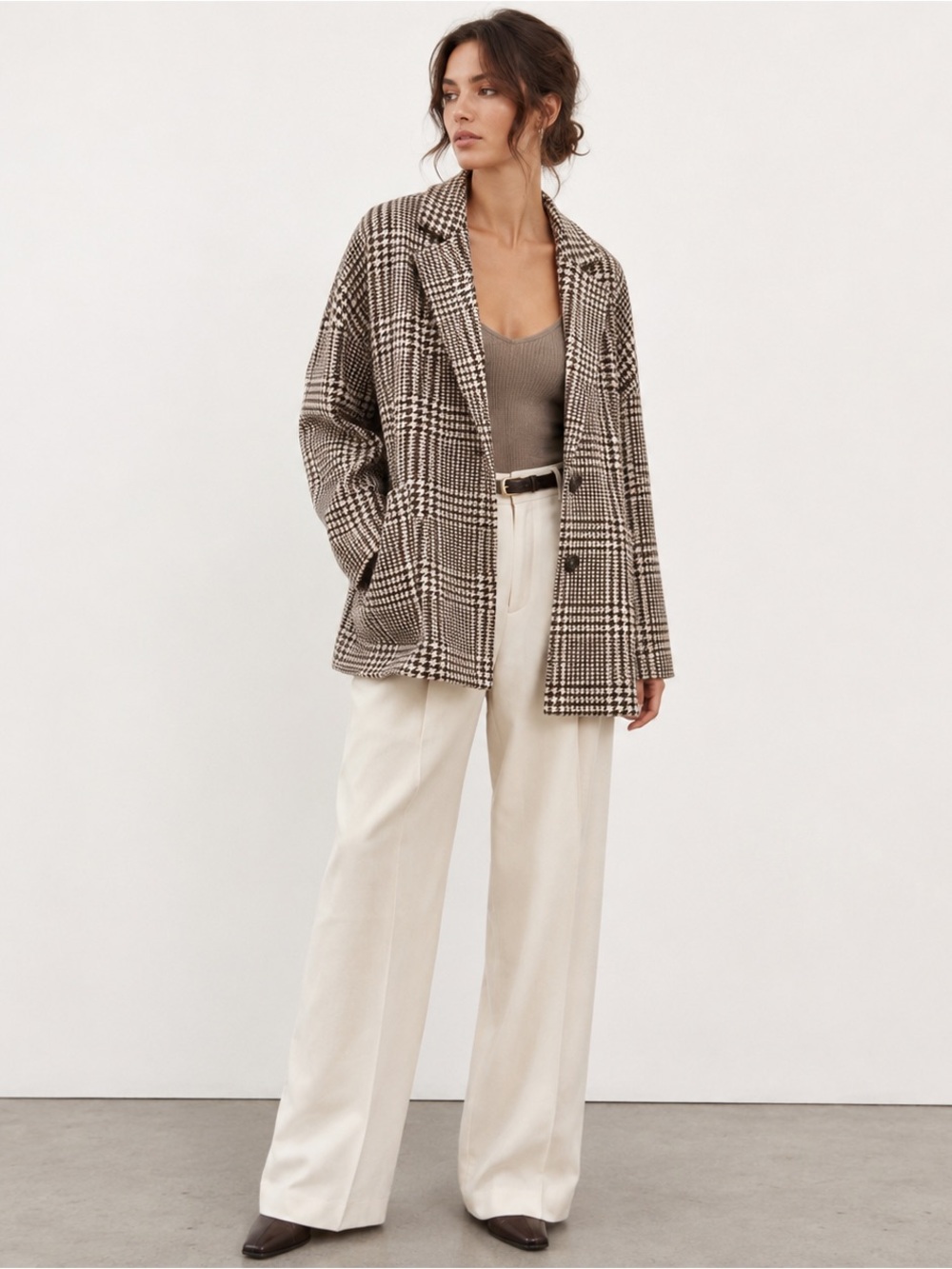 Zara Houndstooth Thick Sweater Jacket Blazer Brown Cream Knit Size M